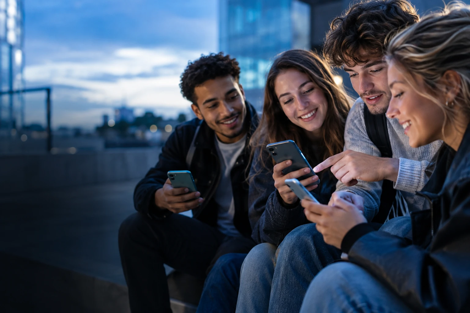 Groupe de jeunes adultes regardant leurs smartphones ensemble