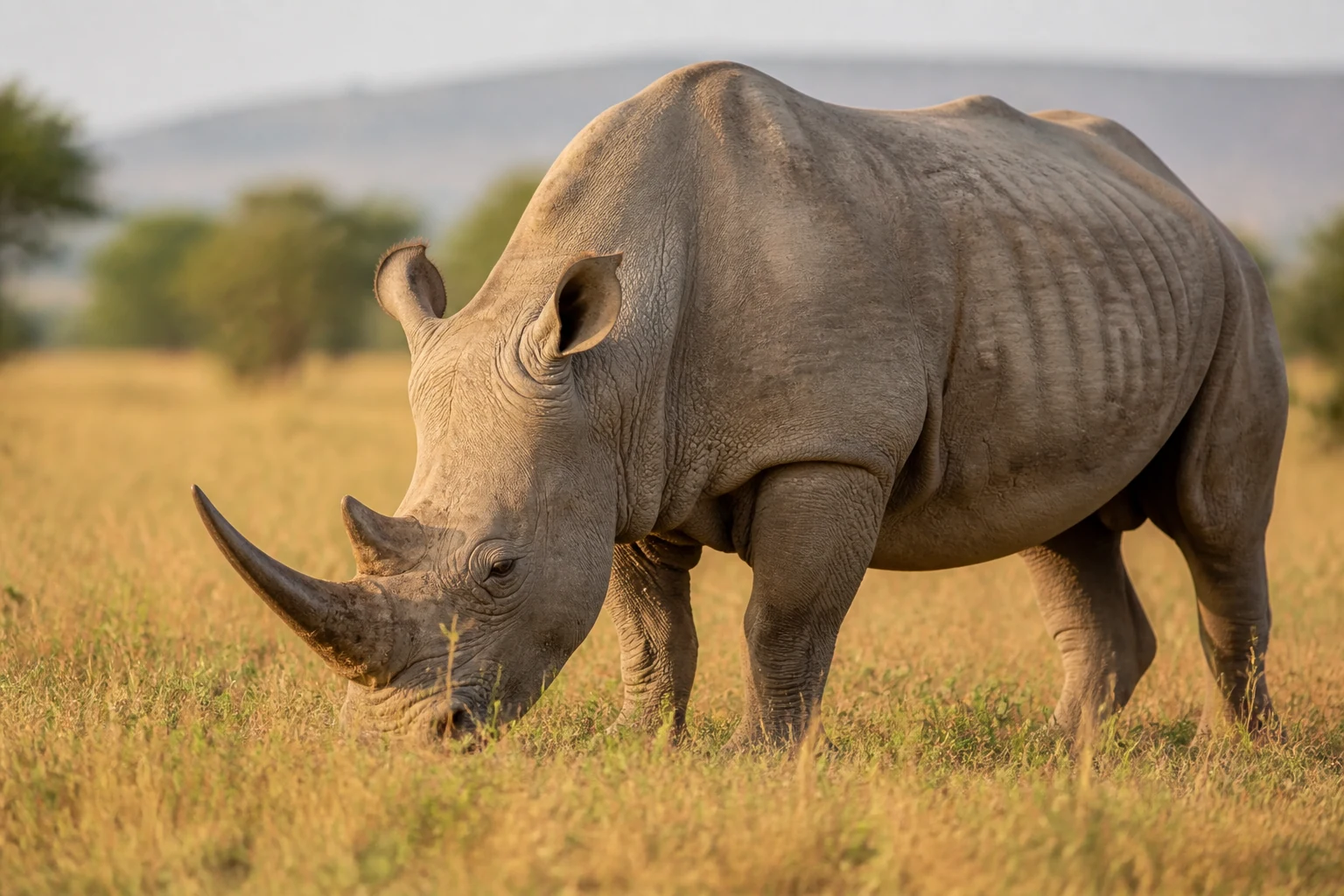 Un rhinocéros blanc adulte broutant l'herbe rase dans une savane africaine