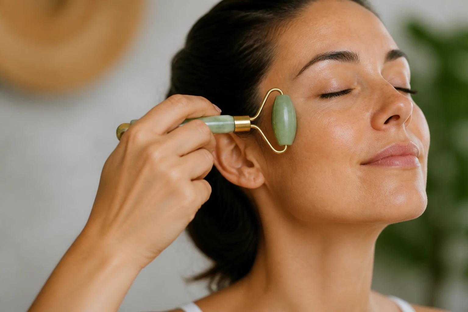 Rouleau de jade vert posé sur une table, accessoire de massage facial