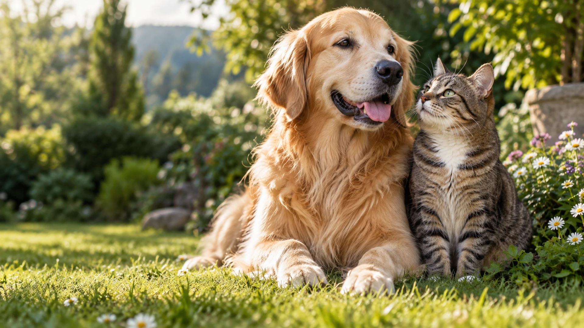 Chien et chat côte à côte dans un jardin ensoleillé