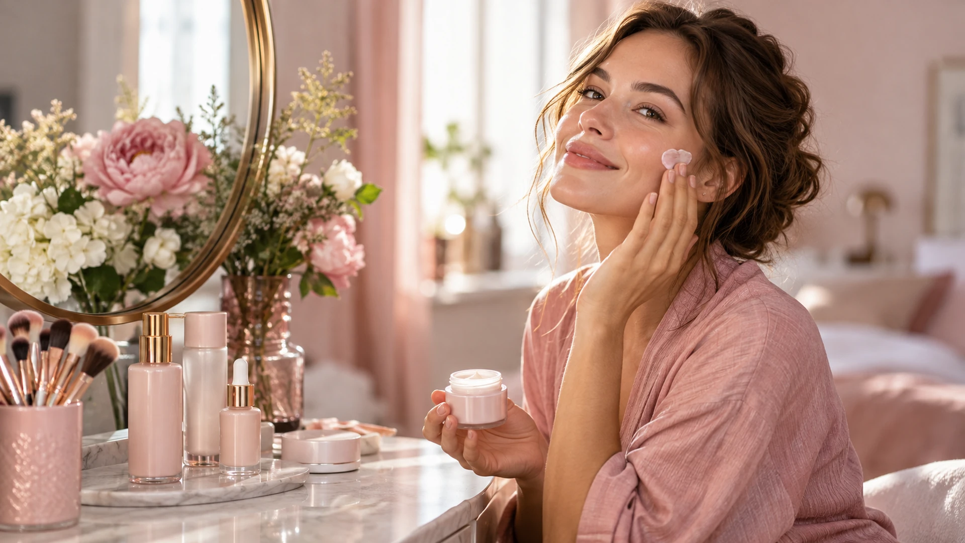 Femme appliquant une crème de soin devant une coiffeuse garnie de produits de beauté
