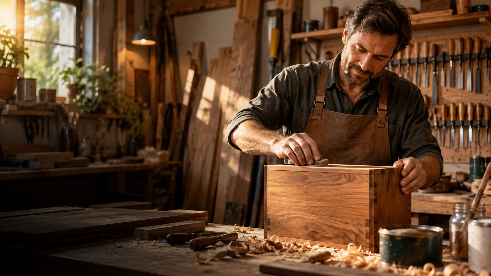 Artisan travaillant le bois sur un établi dans un atelier chaleureux