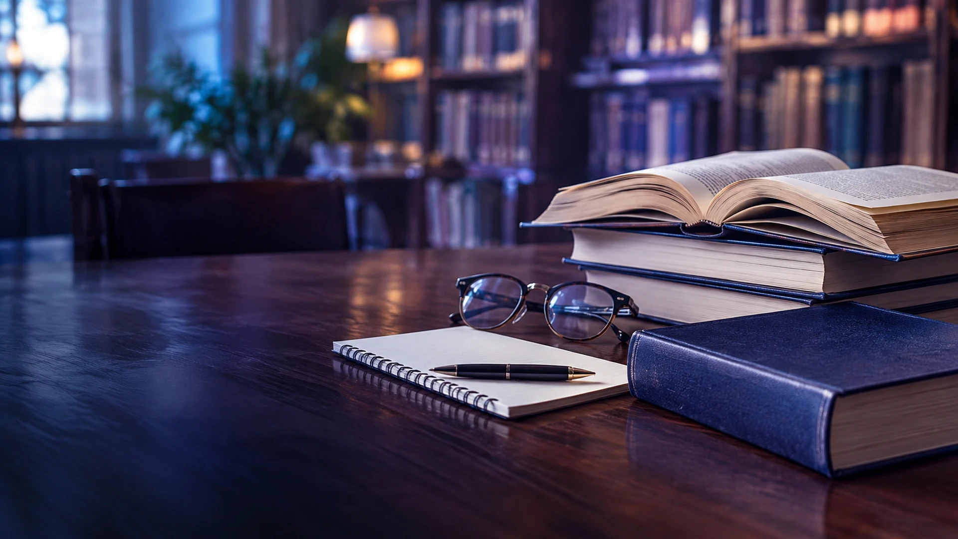 Pile de livres ouverts et dictionnaire sur une table de bibliothèque
