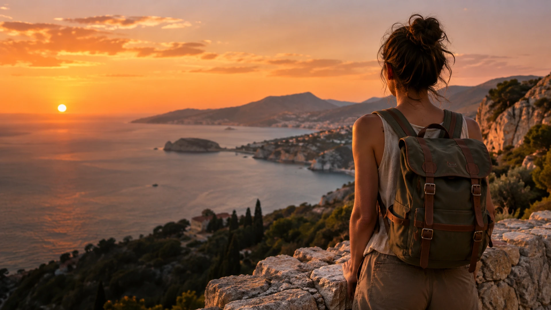 Voyageuse contemplant un paysage côtier depuis un belvédère