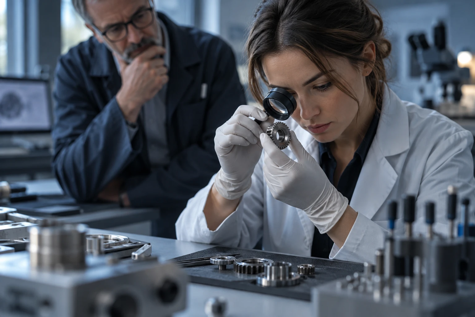 Spécialiste analysant des pièces techniques à la loupe pour un expert, laboratoire sobre