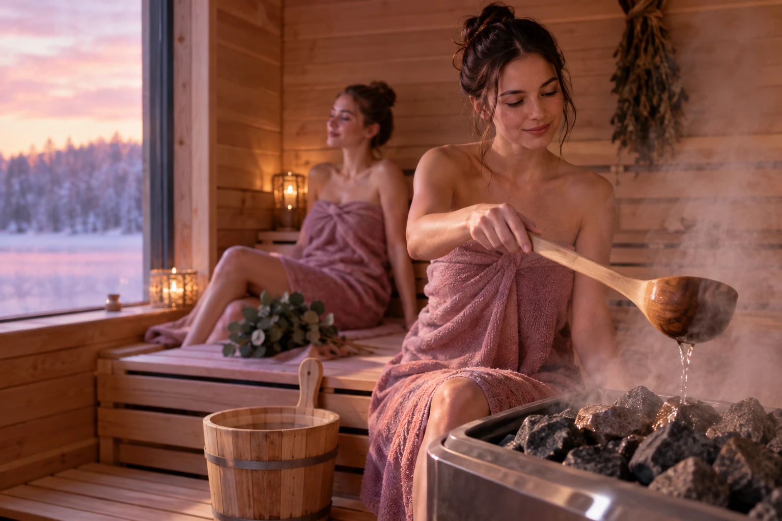 Sauna finlandais en bois avec pierres chaudes et seau de bois, vapeur légère