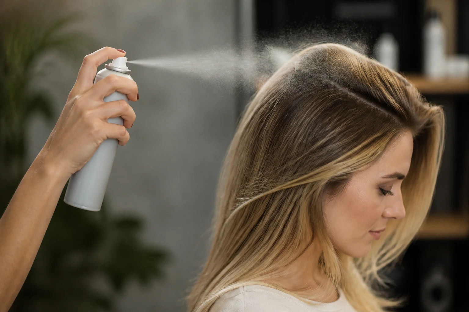 Flacon de shampoing sec vaporisé sur les racines des cheveux