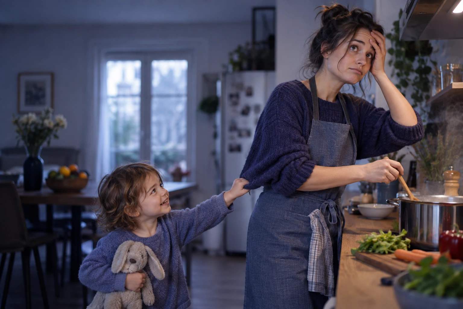 Enfant qui tire la manche d'un adulte excédé dans une cuisine, scène de vie amusante