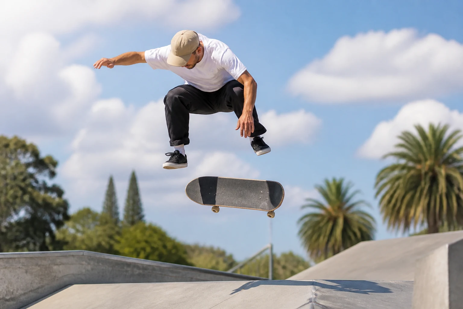 Skateboard posé sur le rebord d'un skatepark au coucher du soleil