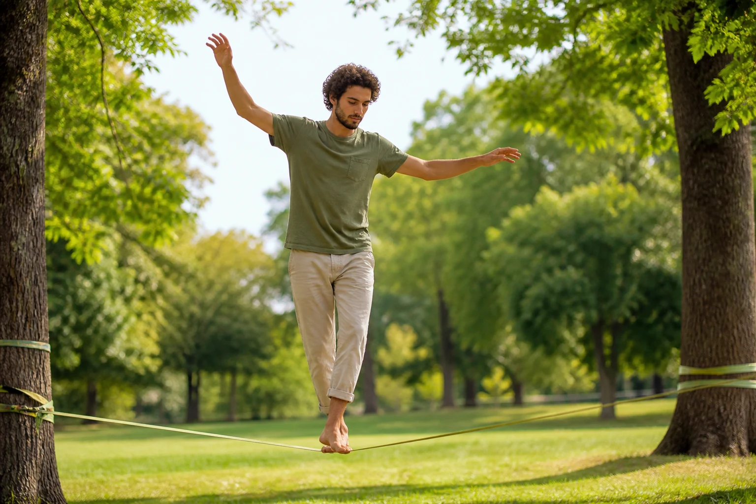 Personne en équilibre pratiquant la slackline sur une sangle tendue entre deux arbres