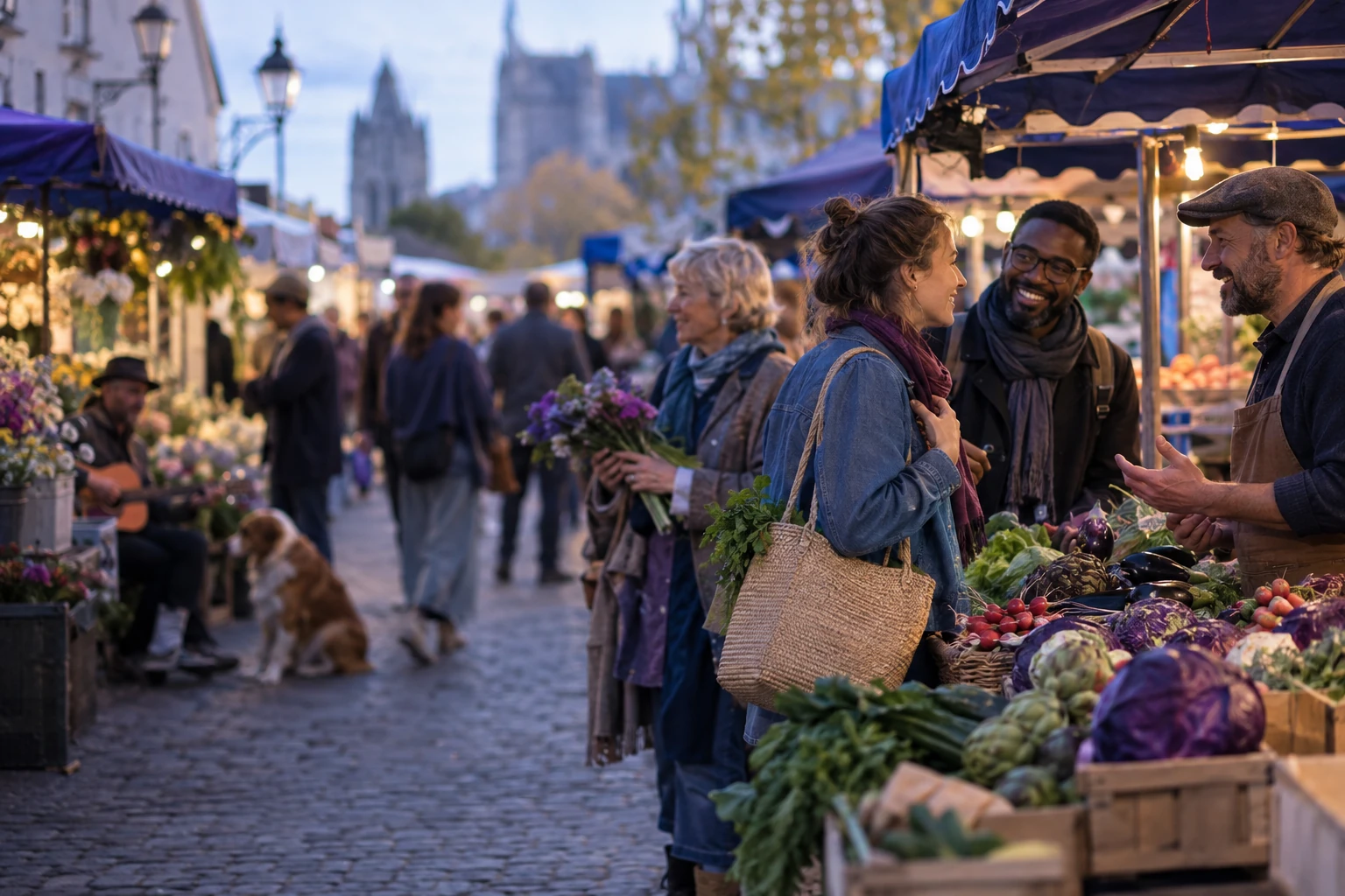 Marché animé où des personnes de milieux différents discutent entre les étals