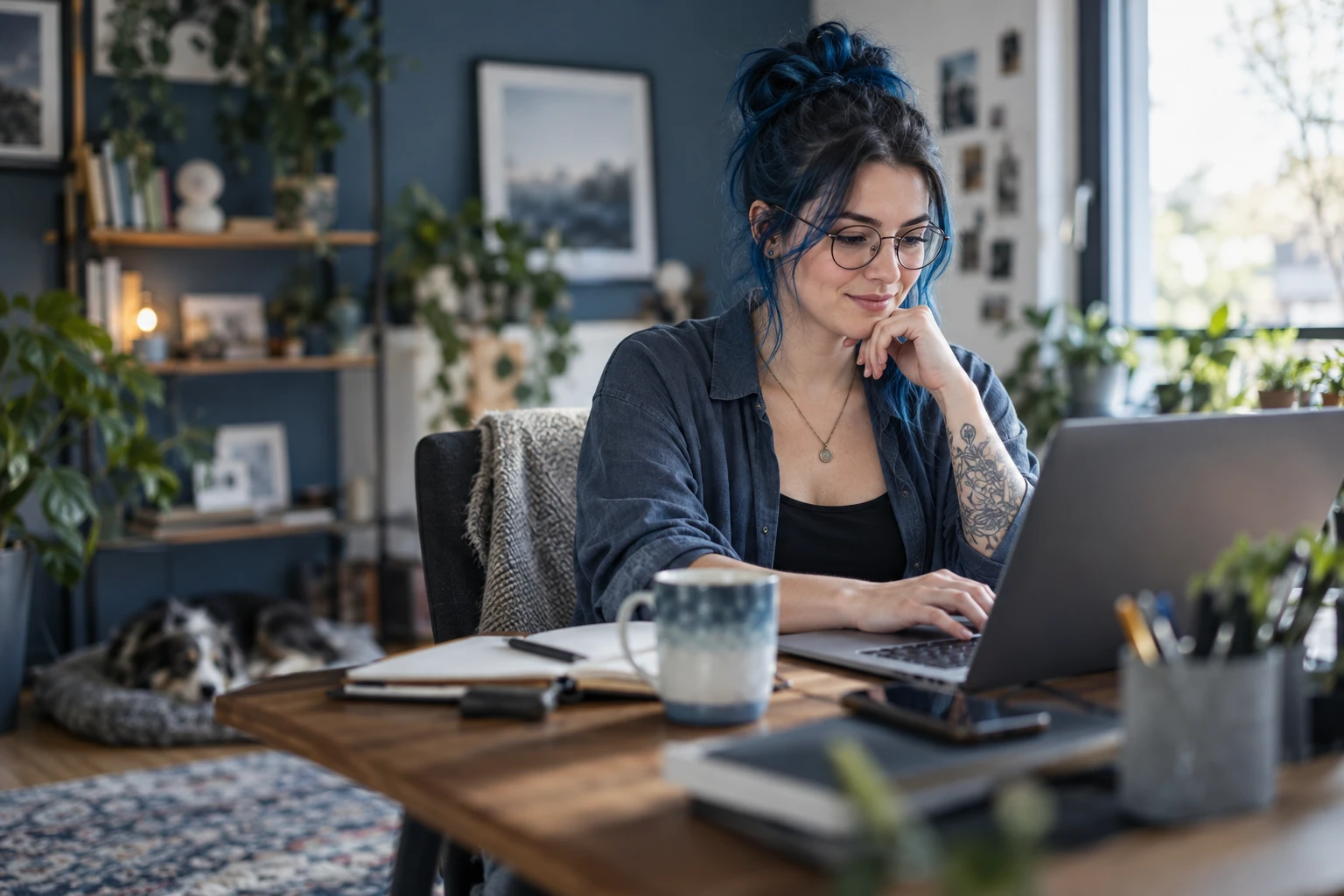Indépendante travaillant seule depuis un bureau à domicile lumineux