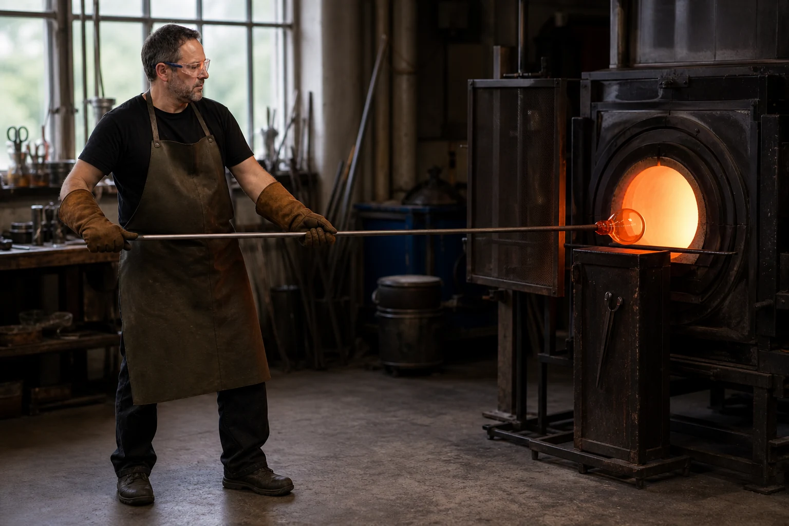Souffleur de verre façonnant une pièce de verre en fusion à la canne devant son four
