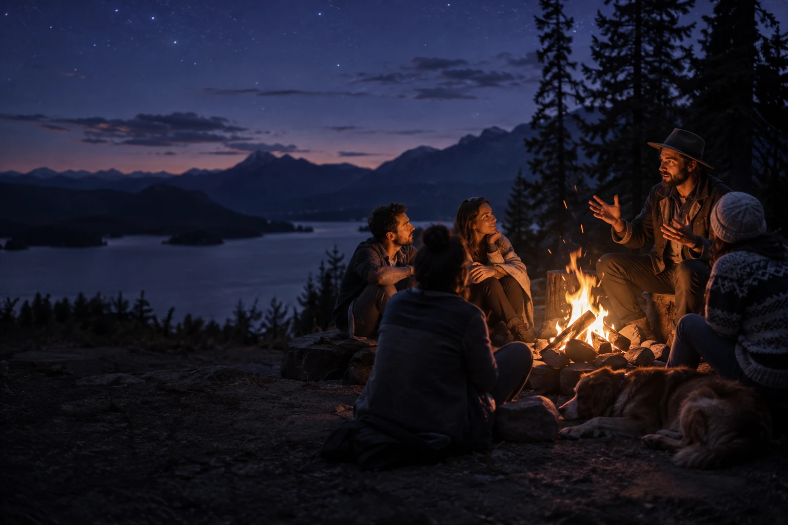 Conteur captivant un public assis autour d'un feu de camp la nuit