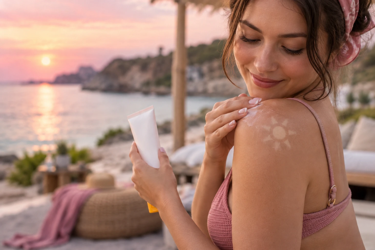 Épaule portant une légère marque de bronzage en forme de motif, crème solaire tenue au premier plan, ton préventif