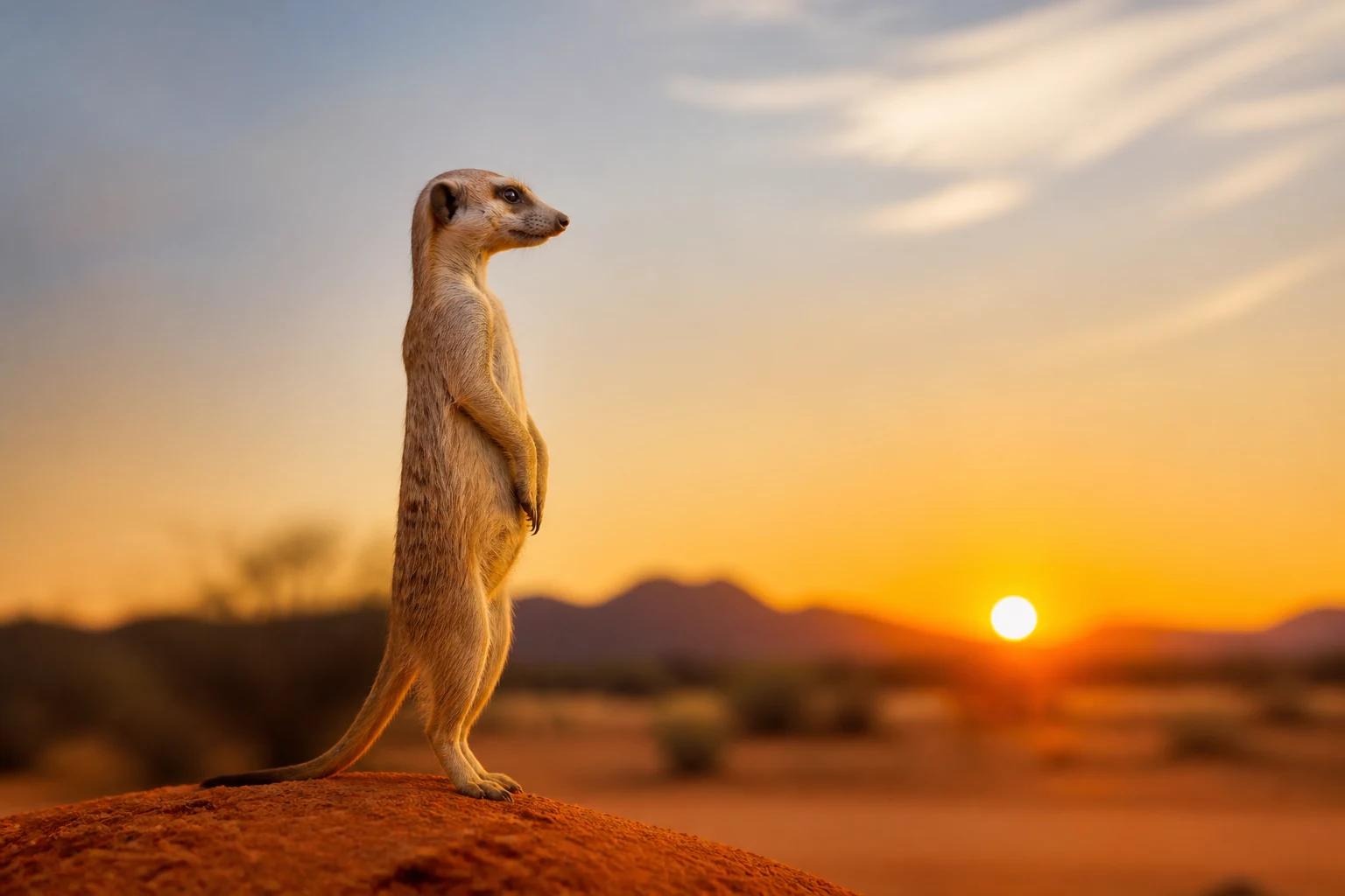 Un suricate dressé en sentinelle surveillant l'horizon dans le désert du Kalahari