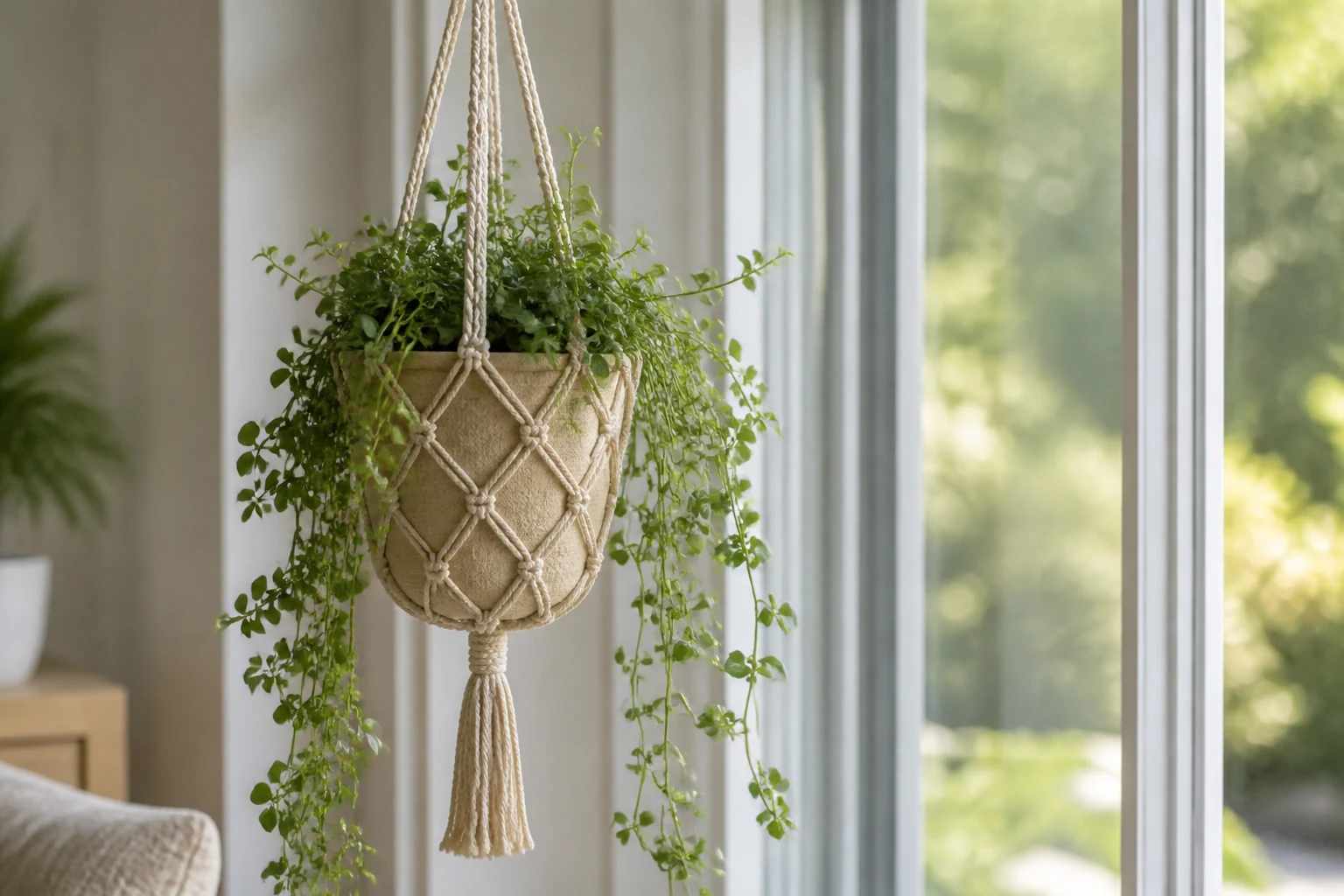 Suspension en macramé en corde de coton portant une plante verte devant une fenêtre