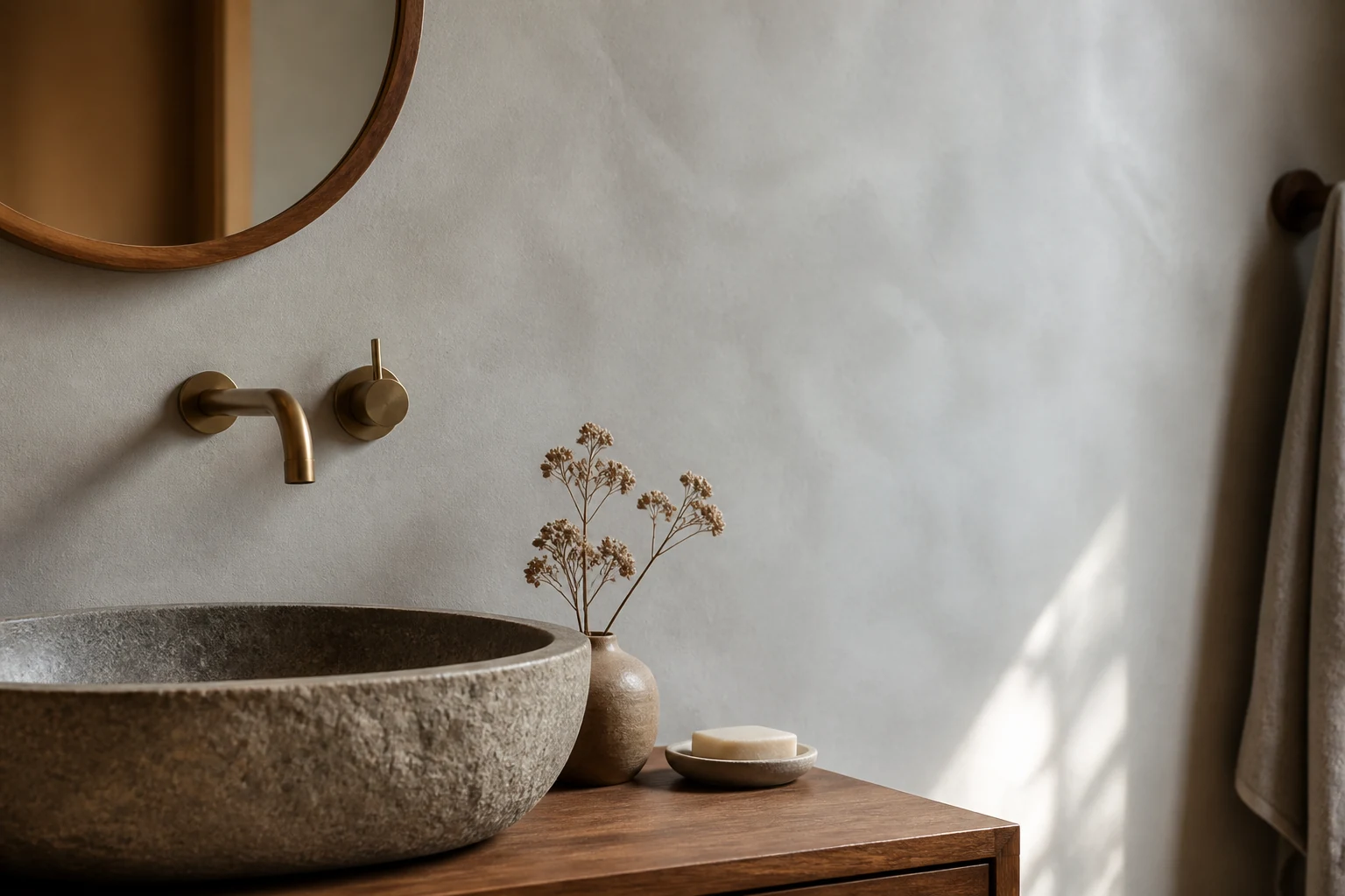 Mur en tadelakt satiné dans une salle de bain, enduit à la chaux marocain lisse et sans joint