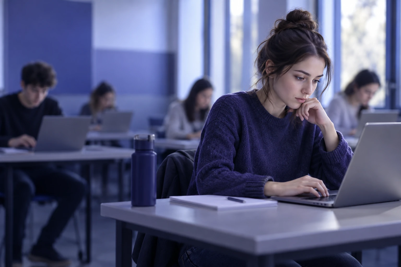 Candidate concentrée passant un examen de langue sur ordinateur dans une salle d'examen
