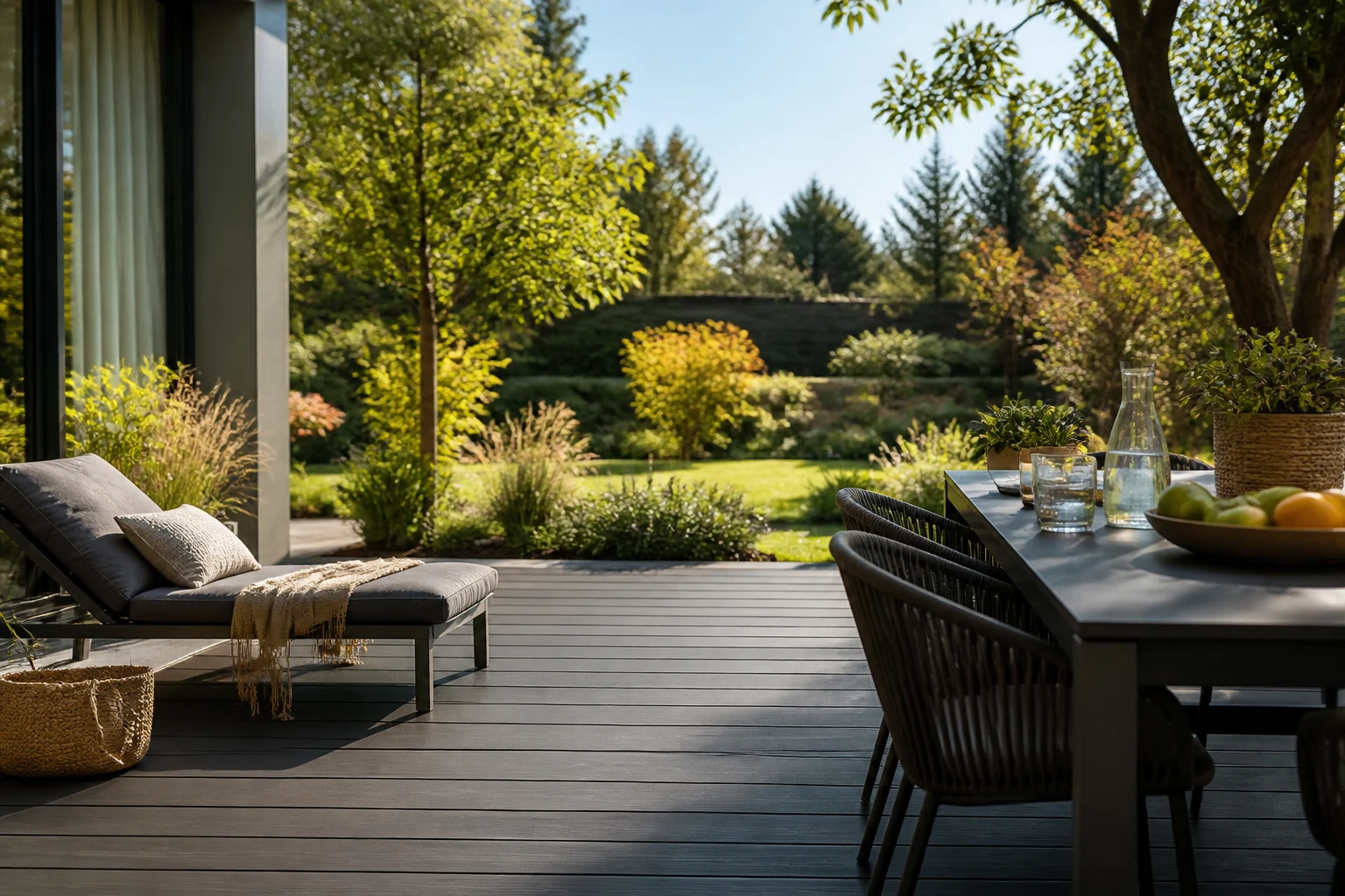 Terrasse en bois composite posée dans un jardin avec lames aux teintes chaudes