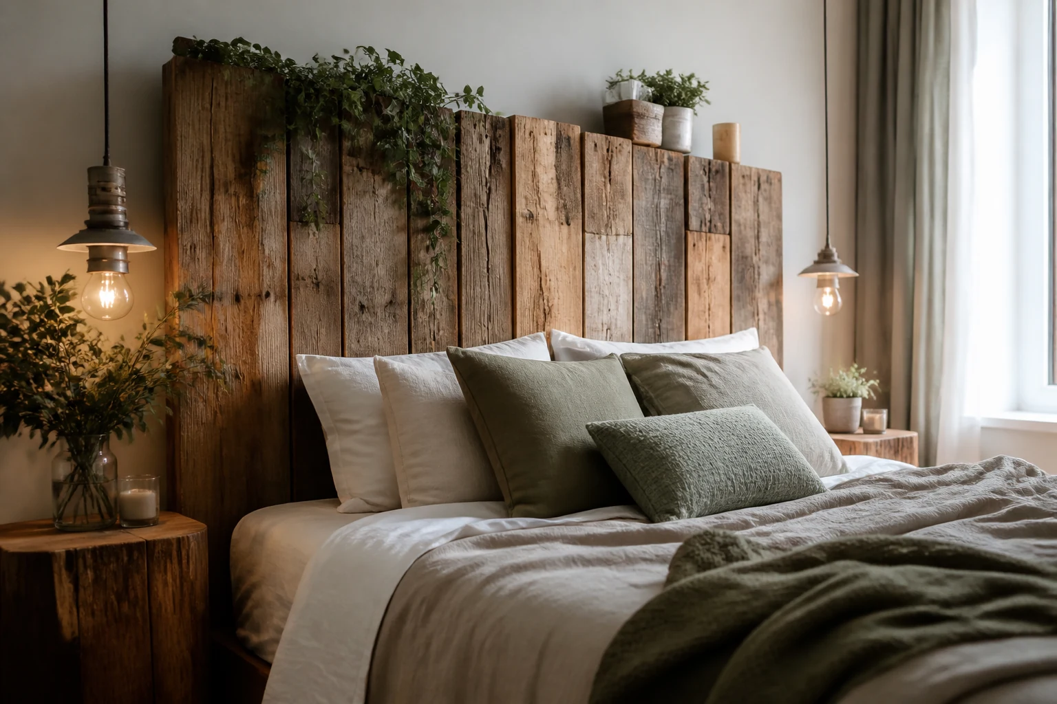 Tête de lit DIY en bois installée dans une chambre décorée avec soin