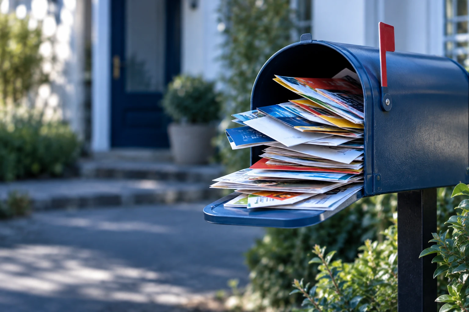 Boîte aux lettres débordant de prospectus colorés, métaphore du courrier indésirable