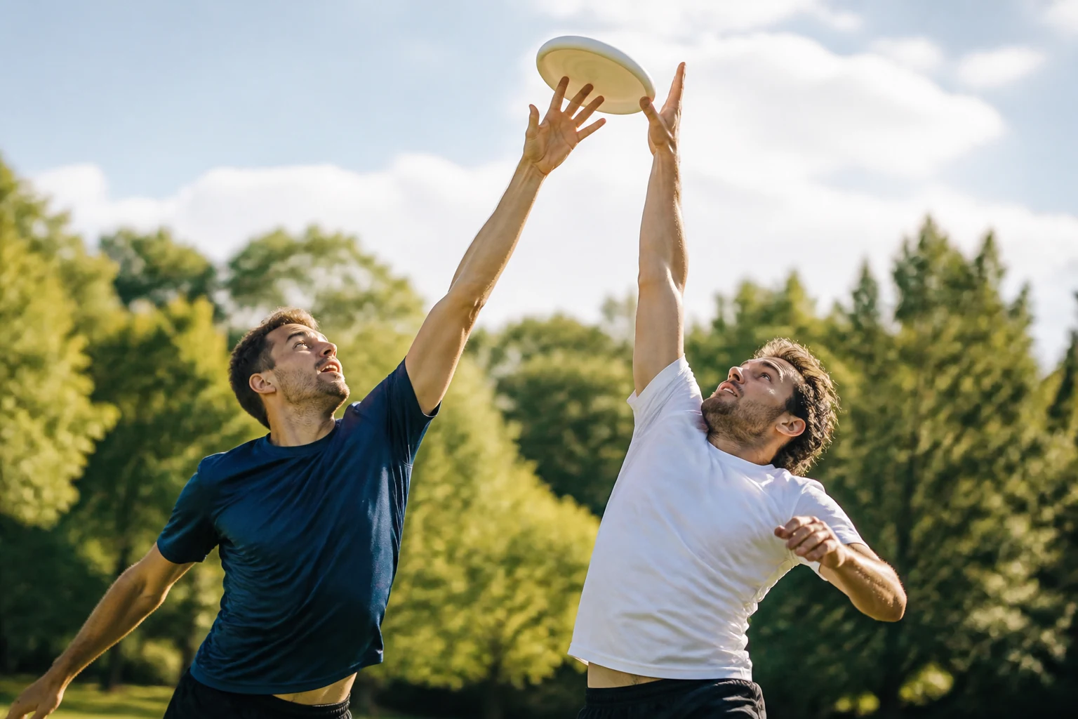 Joueurs d'ultimate frisbee se disputant un disque volant lors d'un match sur gazon