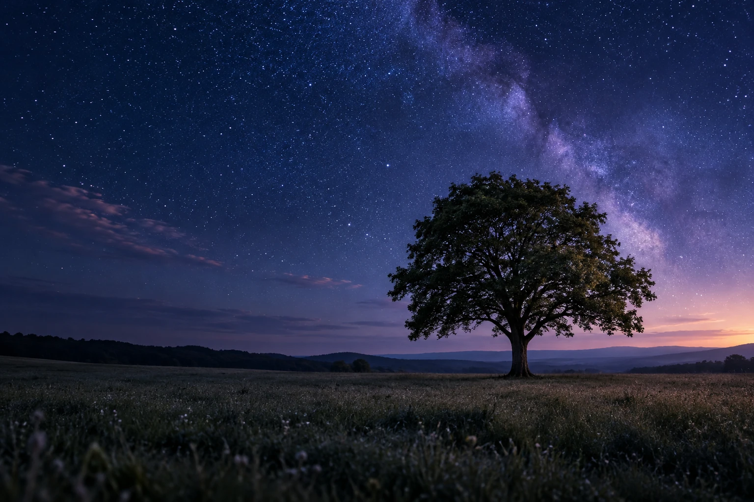Un seul arbre isolé au milieu d'une vaste prairie sous un ciel étoilé