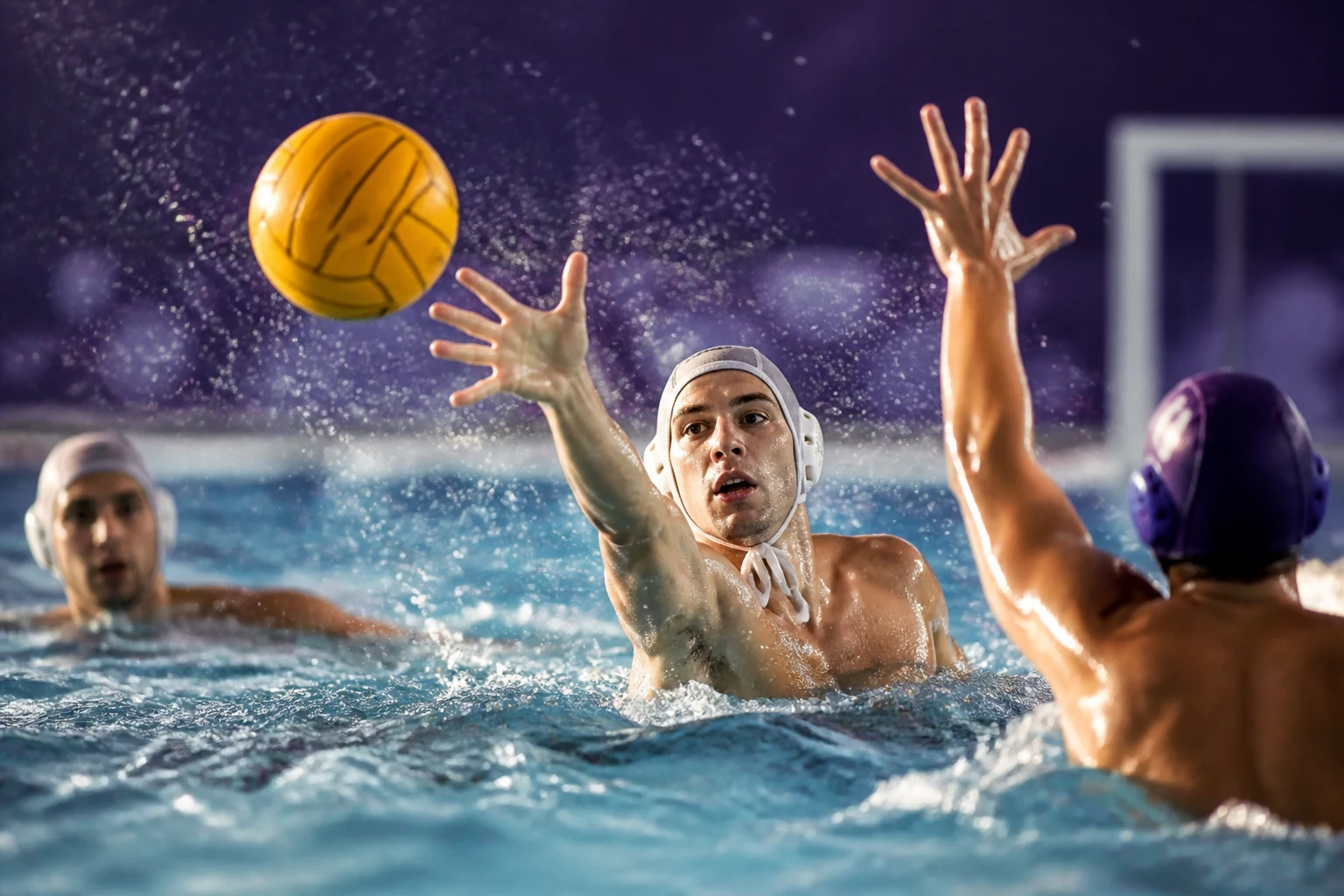 Joueurs de water-polo disputant un ballon devant la cage dans un bassin