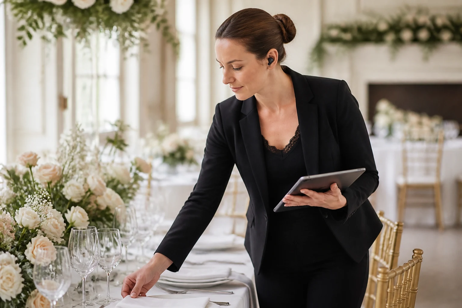 Wedding planner coordonnant l'organisation d'un mariage avec ses prestataires