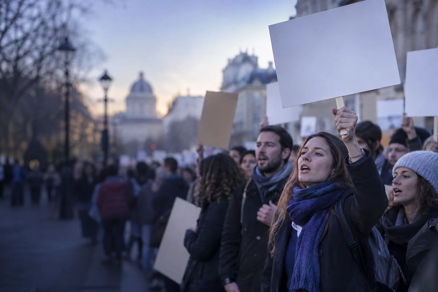 Foule dans une rue brandissant des pancartes vierges lors d'un débat public