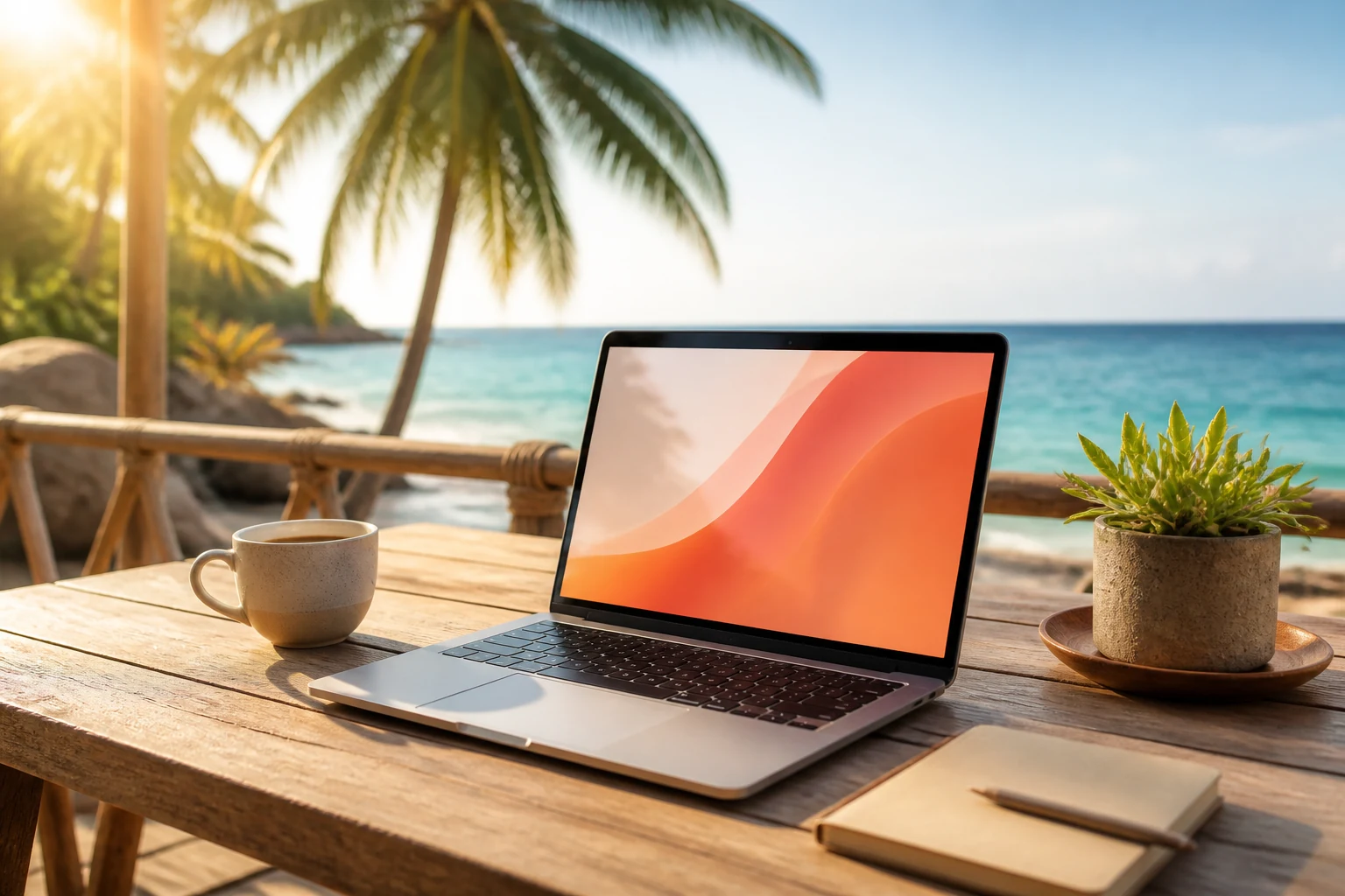 Personne en workation travaillant sur son ordinateur portable face à un paysage de vacances