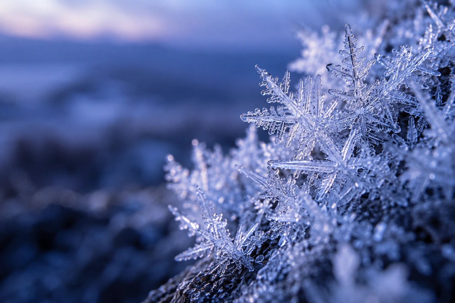 Cristaux de glace et givre en macro, lumière bleutée glaciale
