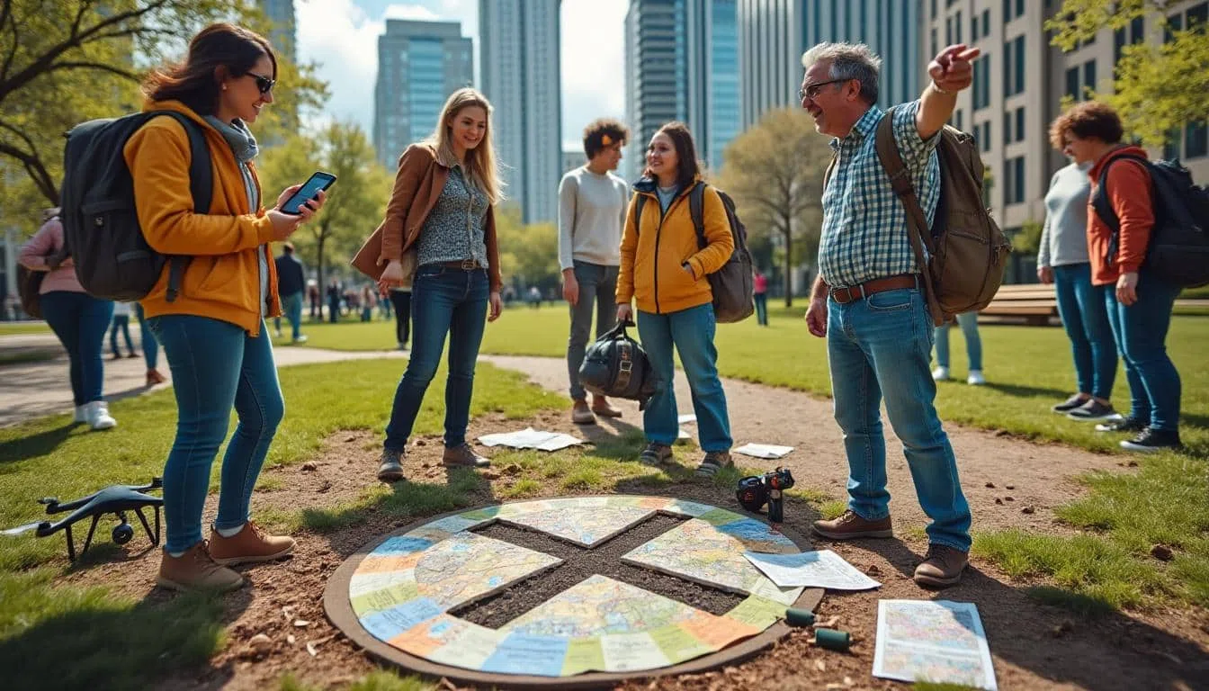 Participants à une chasse aux trésors moderne déchiffrant un indice sur une carte