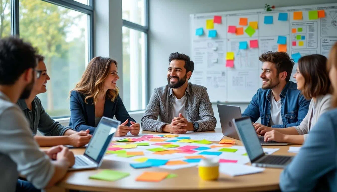 Méthode agile en formation : formateur et apprenants font le point autour d'un tableau de suivi des apprentissages