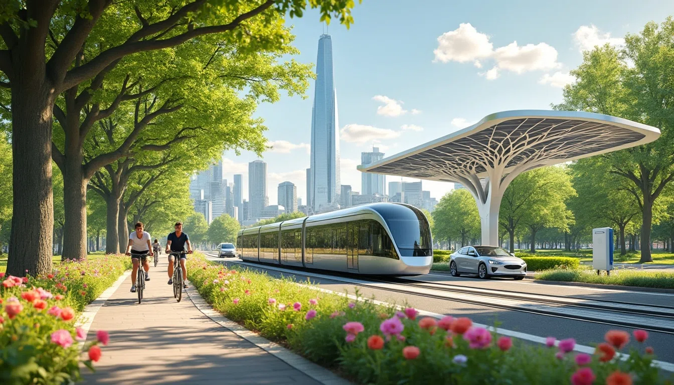 Vélo, tramway et piétons illustrant les modes de transport écologiques en ville