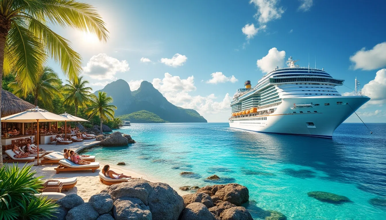 Navire de croisière aux Caraïbes en escale près d'une île aux eaux turquoise