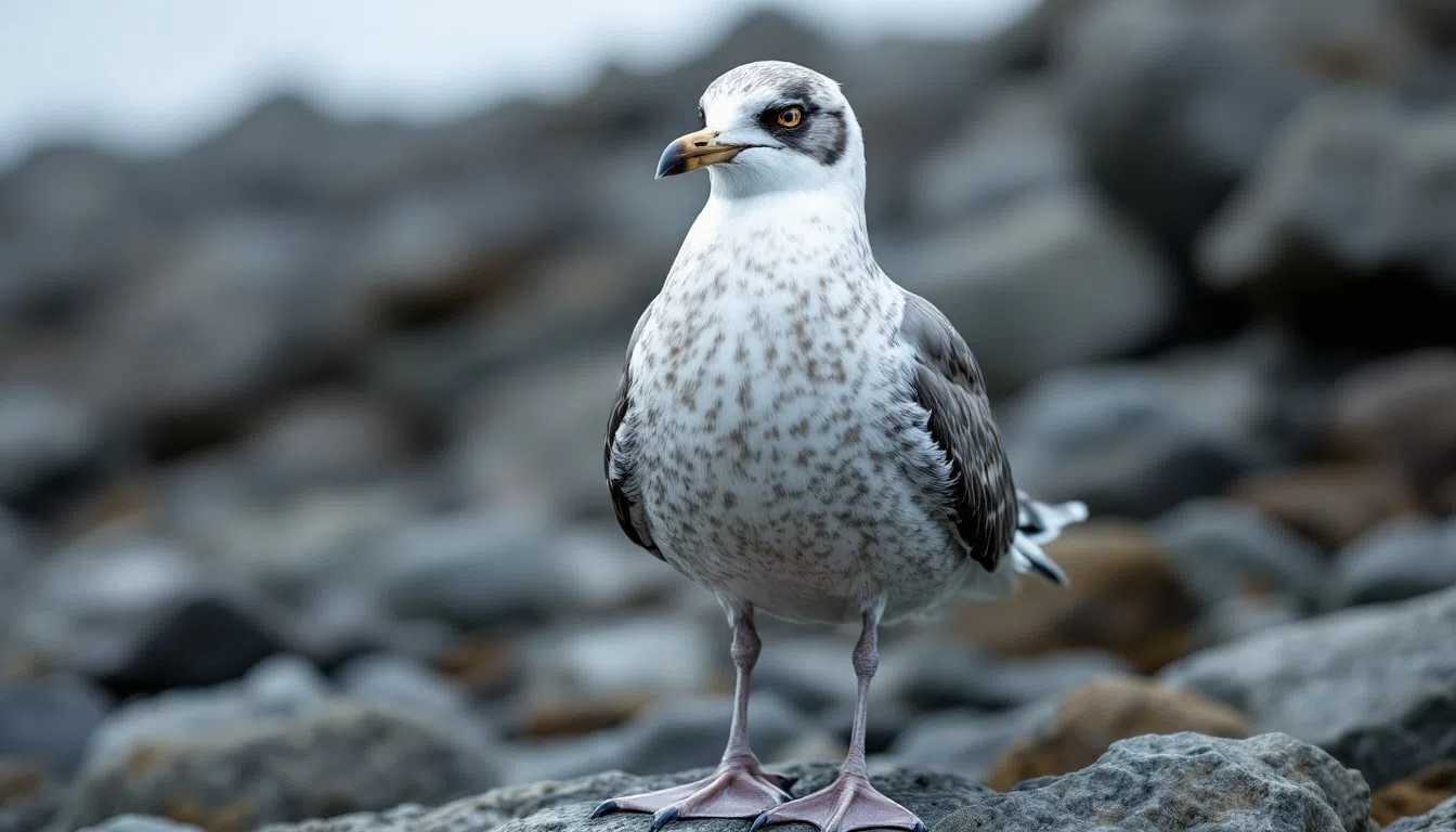 Mouette tridactyle posée sur une corniche de falaise, tête blanche, bec jaune et ailes grises à bout noir