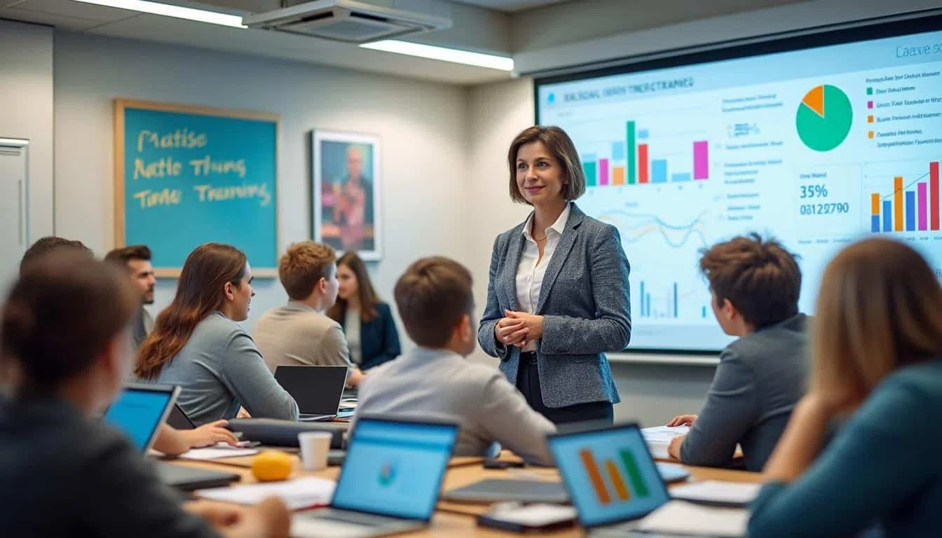 Formatrice animant une session en salle dans un organisme de formation professionnelle