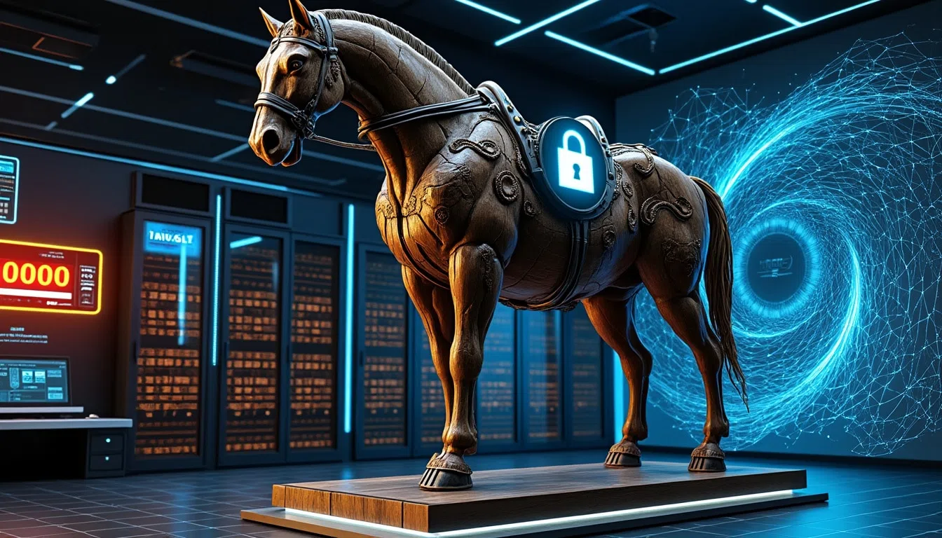 Illustration d'un trojan, logiciel malveillant déguisé en programme légitime pour infecter un ordinateur