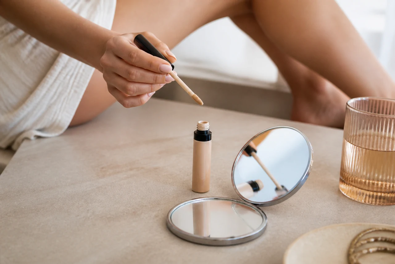 Application d’un anti-cernes sous l’oeil au pinceau pour illuminer le regard