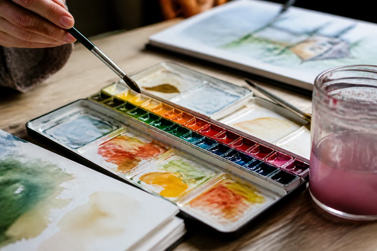 Godets d’aquarelle, pinceaux et papier grain torchon disposes sur une table d’atelier