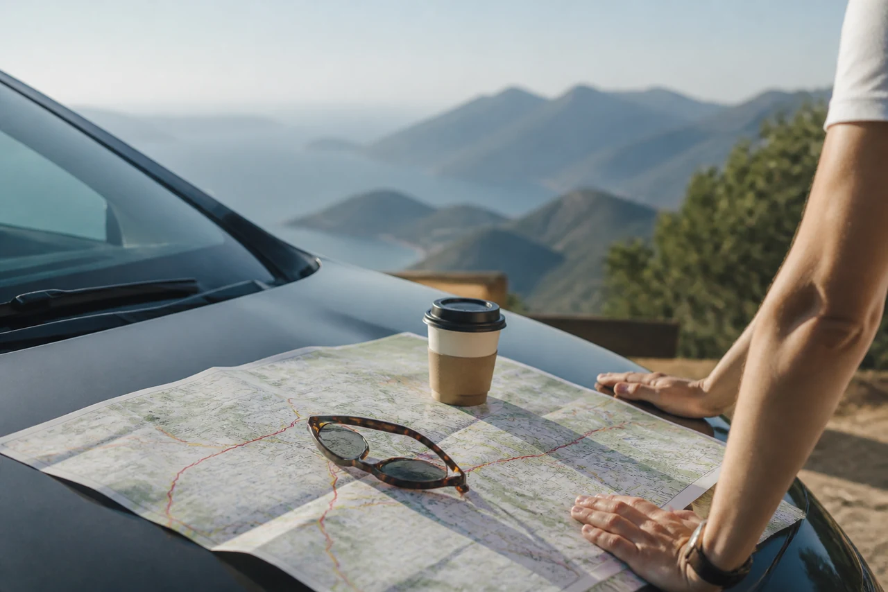 Carte routière et bagages posés sur le capot d’une voiture avant le départ en autotour