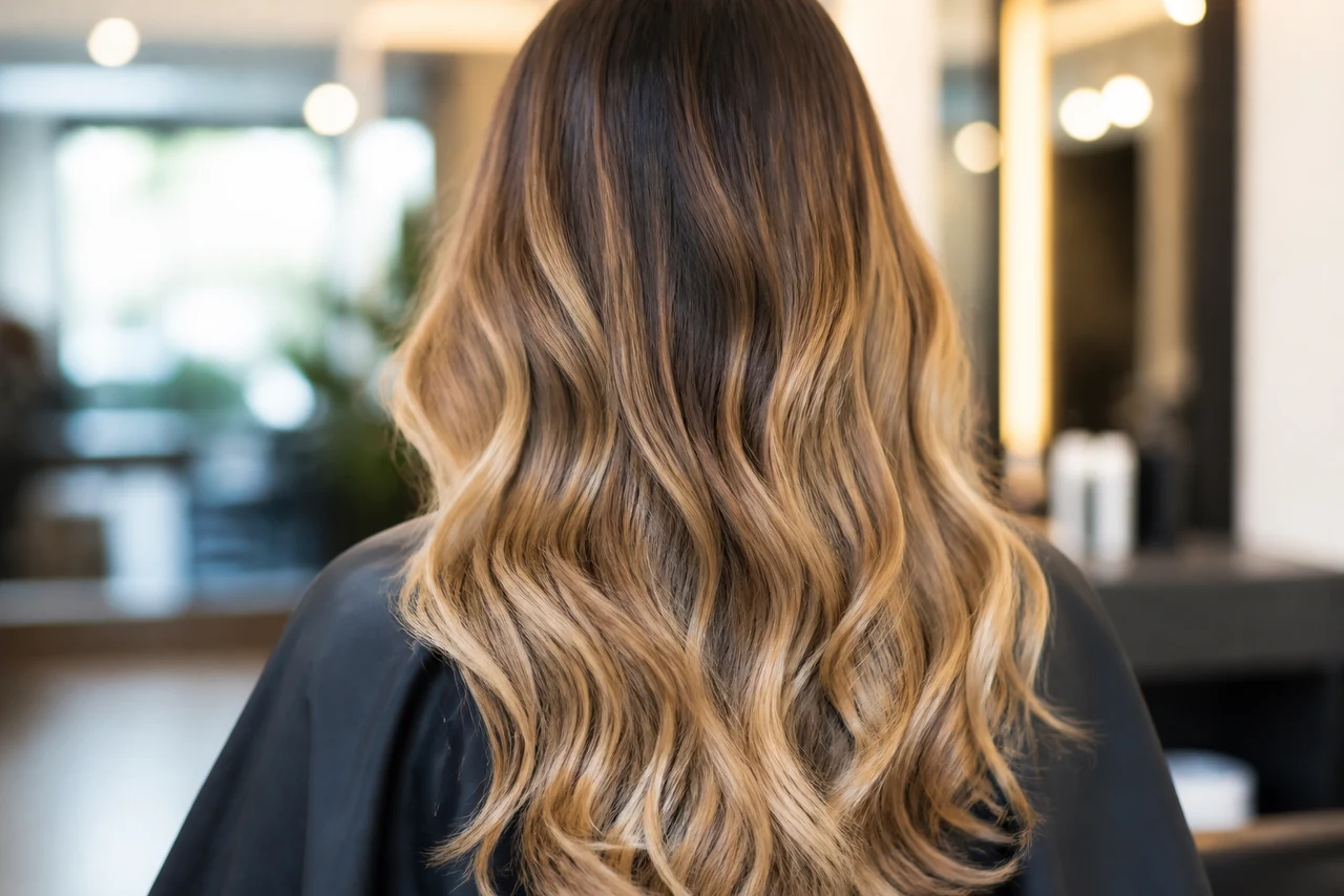 Coloriste appliquant un balayage à main levée sur des mèches en salon de coiffure