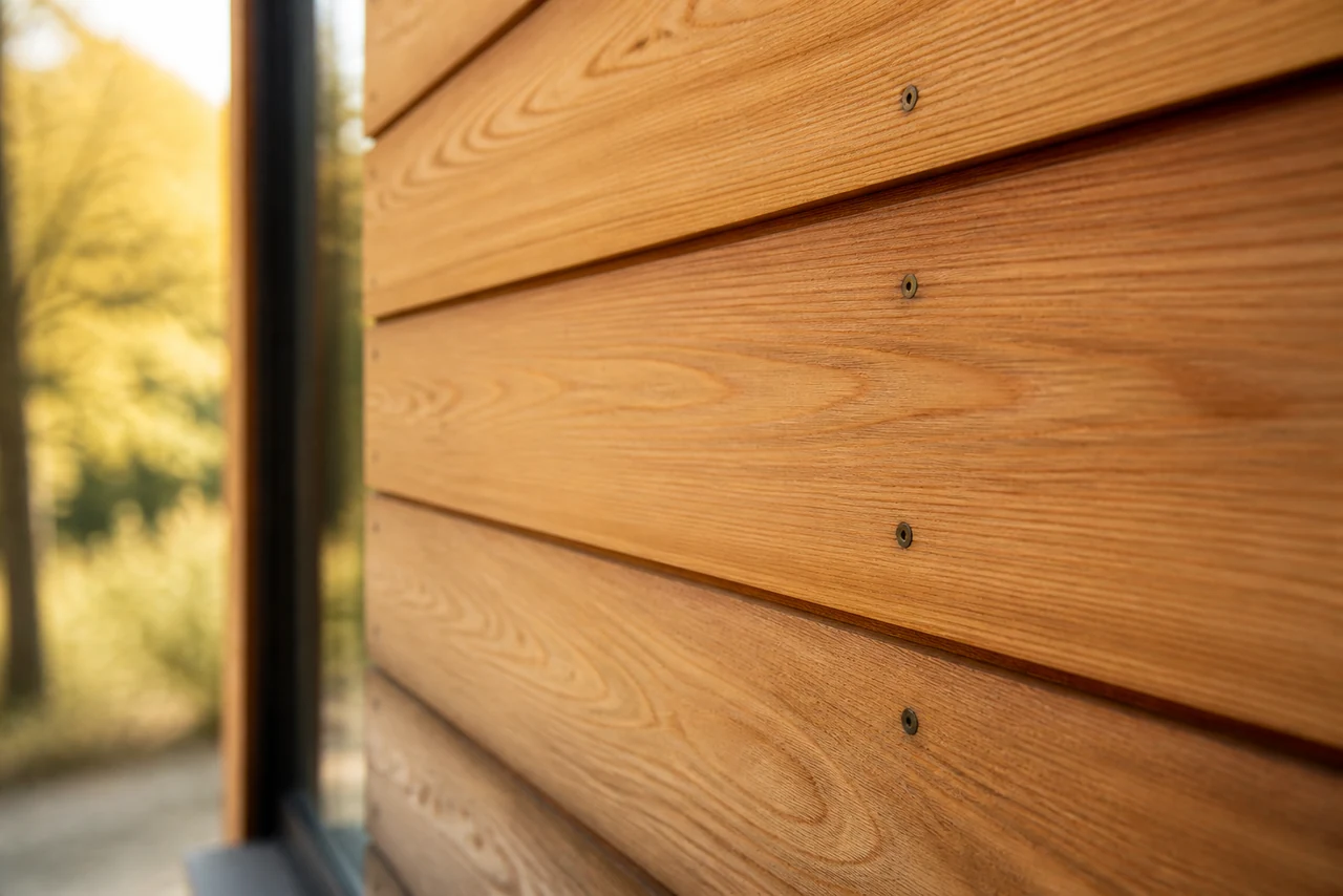 Détail de lames de bardage bois posées sur une ossature ventilée