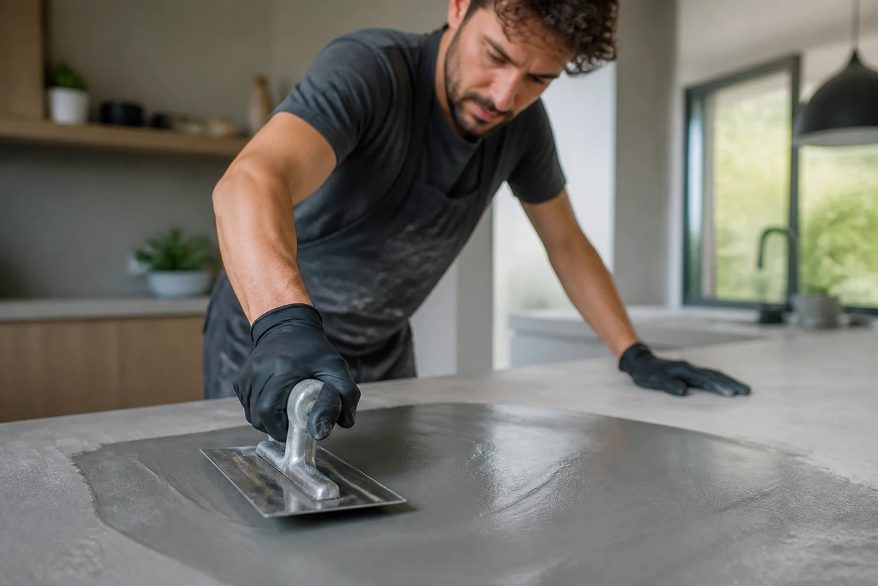 Application au platoir d’une couche de béton ciré sur un mur