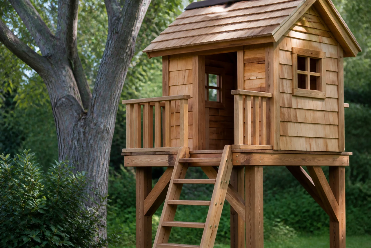 Enfant jouant devant une cabane en bois sur pilotis avec toboggan
