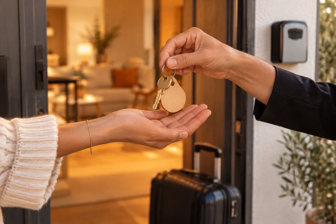 Agent de conciergerie remettant les clés d’un appartement meublé à des voyageurs avec leurs valises
