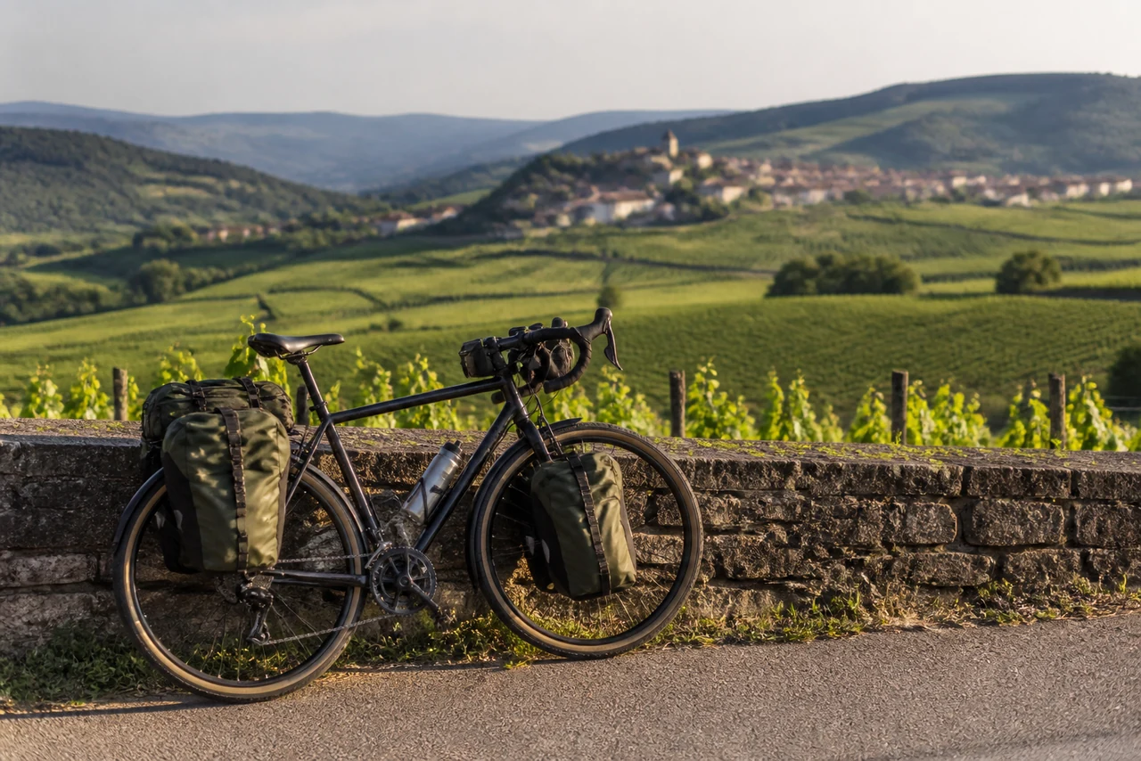 Cyclotouriste roulant sur un chemin de gravel au milieu de la campagne