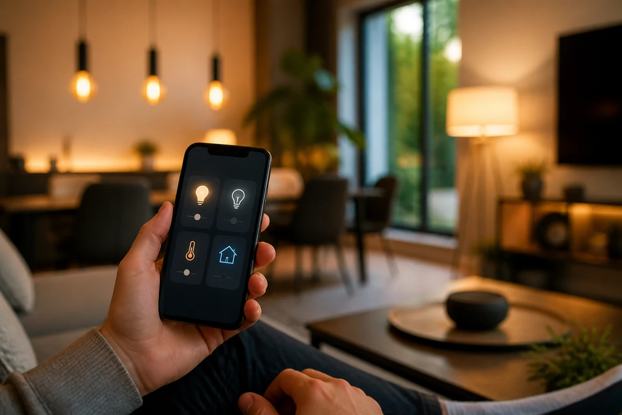 Tableau de bord domotique contrôlant éclairage, chauffage et sécurité du logement